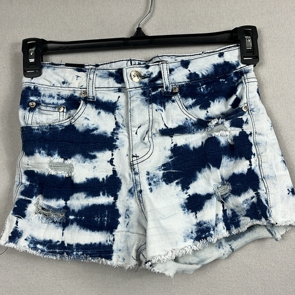 Almost‎ Famous Distressed Denim Jean Shorts Womens Size 3 Tie Dyed - Picture 1 of 8